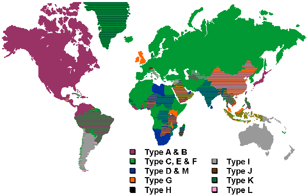 распределение типов розеток и штепселей по странам мира