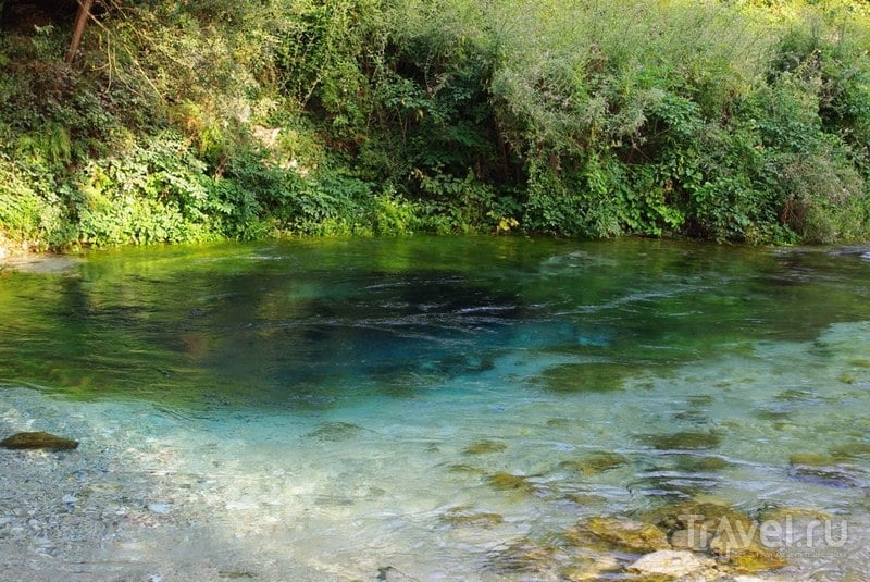 В самом центре источника вода насыщенного темно-синего цвета, а по краям ярко-голубого. / Албания